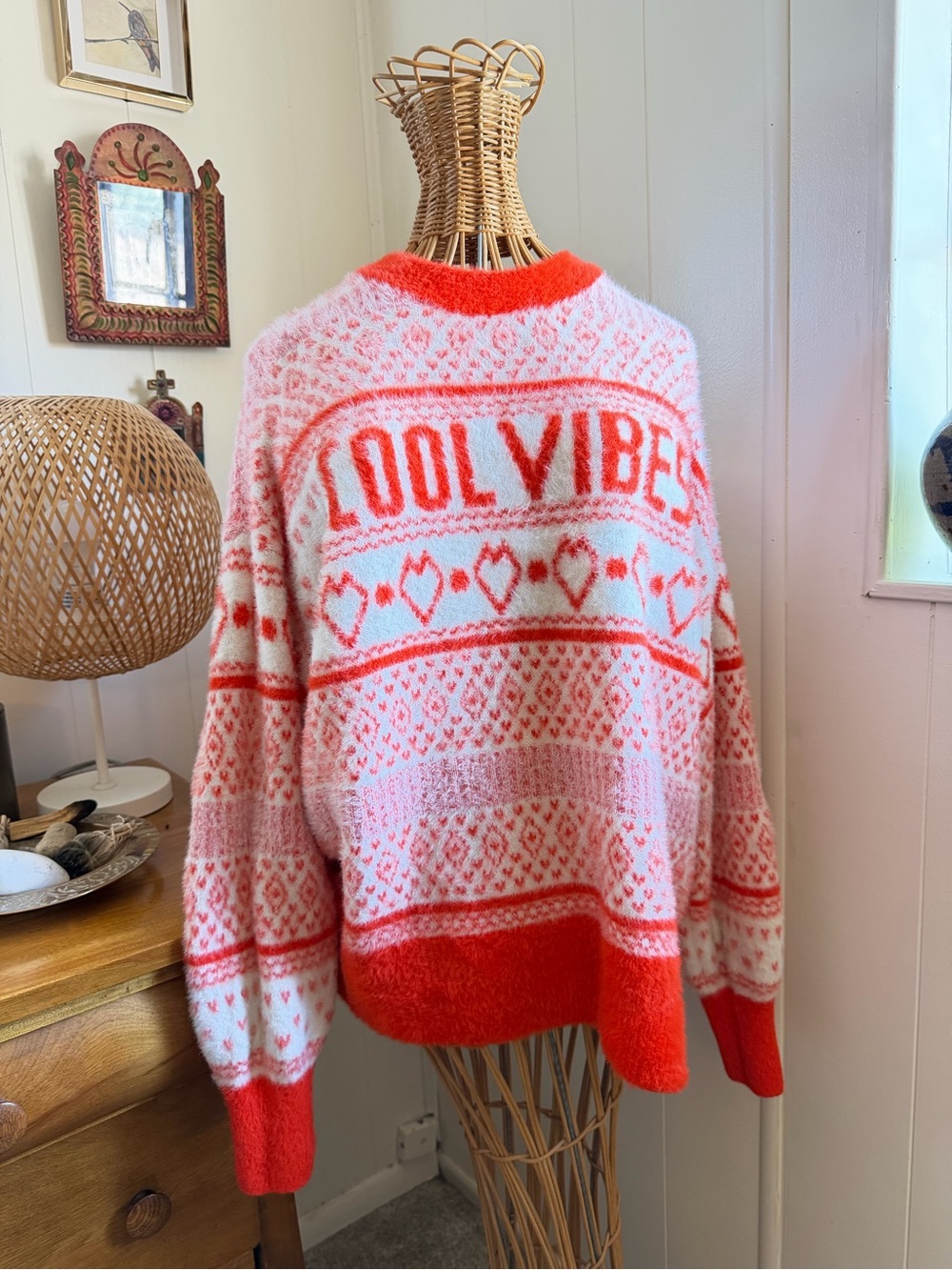 Aerie Flurry Cozy Cabin Women's Red & Pink Crew Knit Sweater